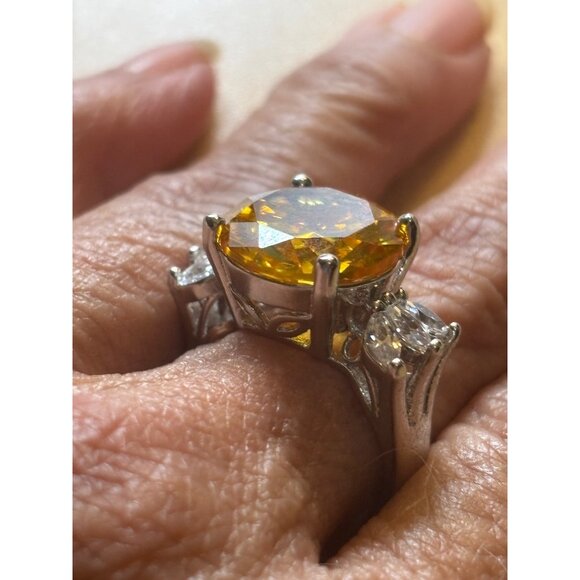 Citrine Ring 14mm Cubic Zirconia & Accent Stones Silver-Tone Band Exquisite - Picture 10 of 12